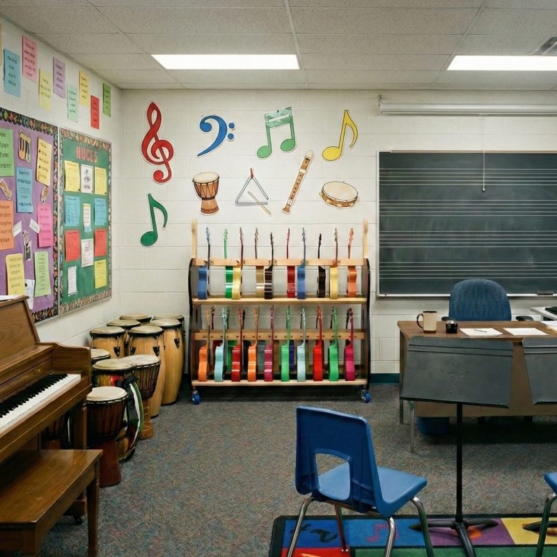 30 soprano ukuleles on a cart, next to drums and a piano, in a music classroom