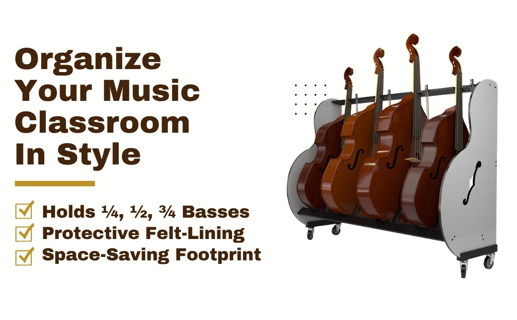 key features list next to a double bass cart