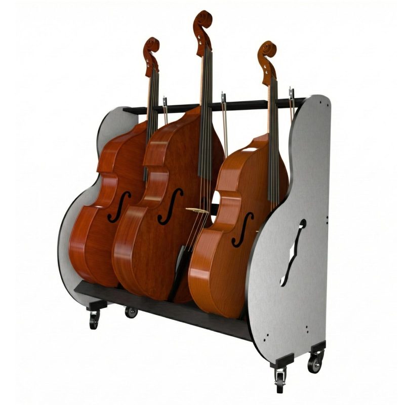 Angled view of a cart holding 3 double bass instruments