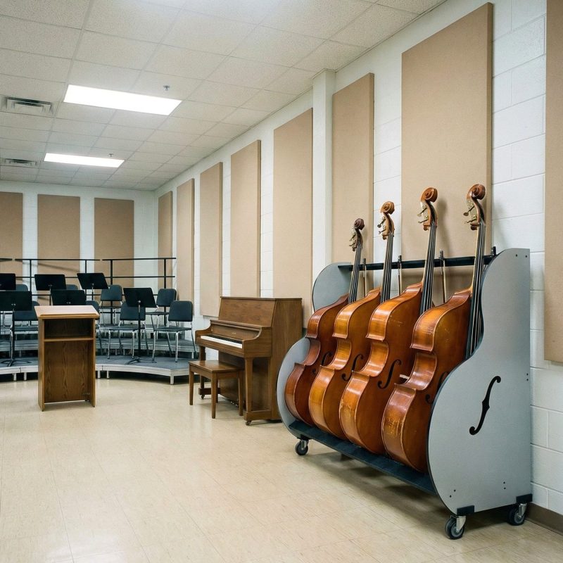 Double bass cart next to piano and risers in a music classroom