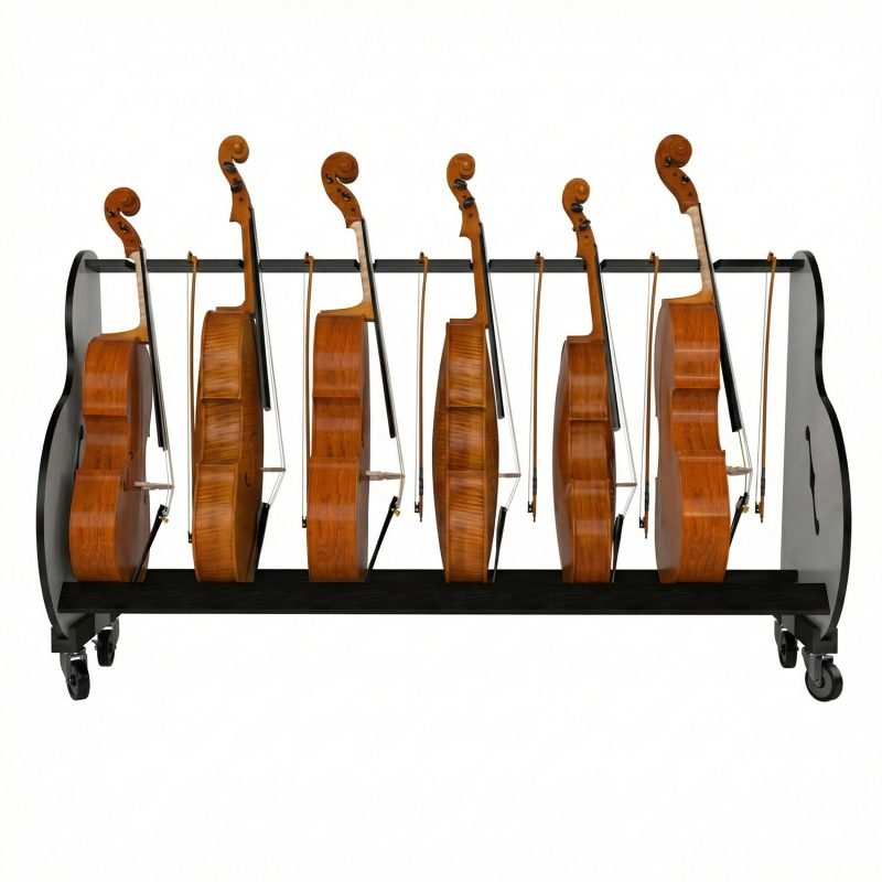 View of the sides of 6 cellos in a cart