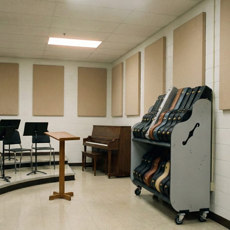 A double-decker cart, full of guitar cases, against the wall in a music classroom with risers and a piano