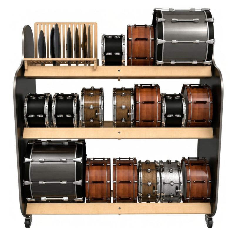 drums and cymbals resting on wood rails attached to two large side panels