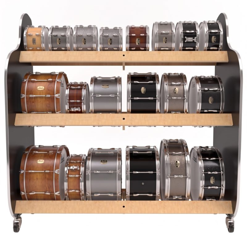 drums and cymbals resting on wood rails attached to two large side panels
