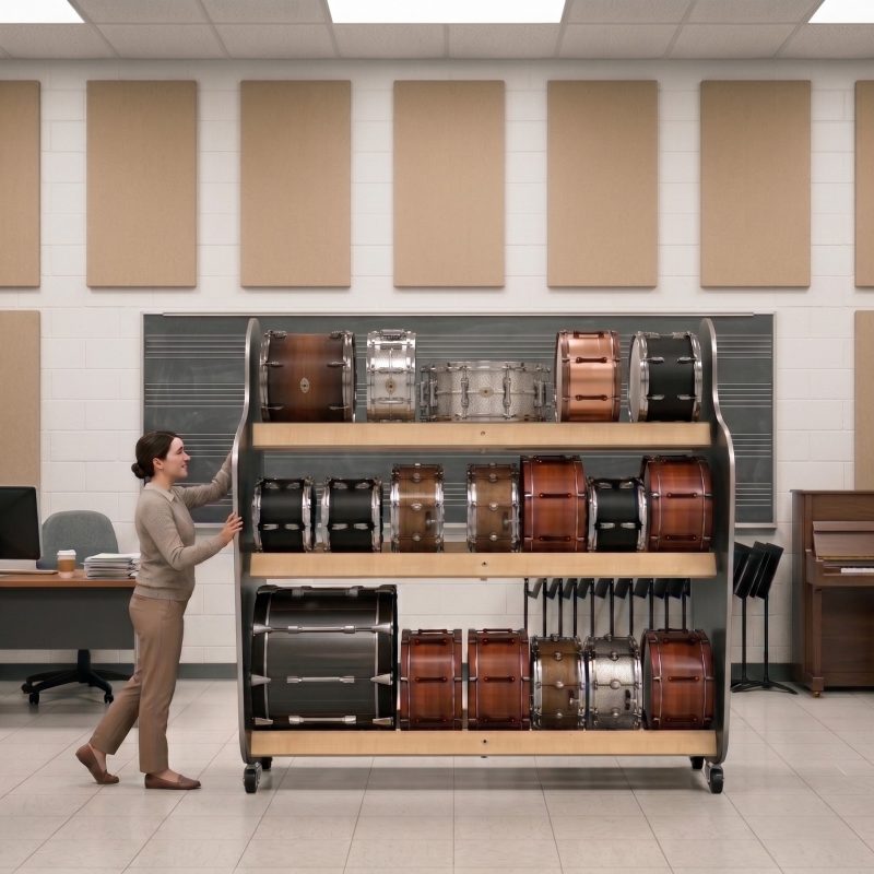drum storage rack pushed by a teacher in her classroom