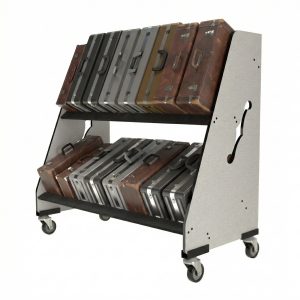 Trumpet cases lining a two-tiered storage rack with grey side panels and black wheels