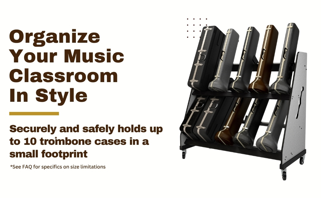 features list next to a trombone case storage rack