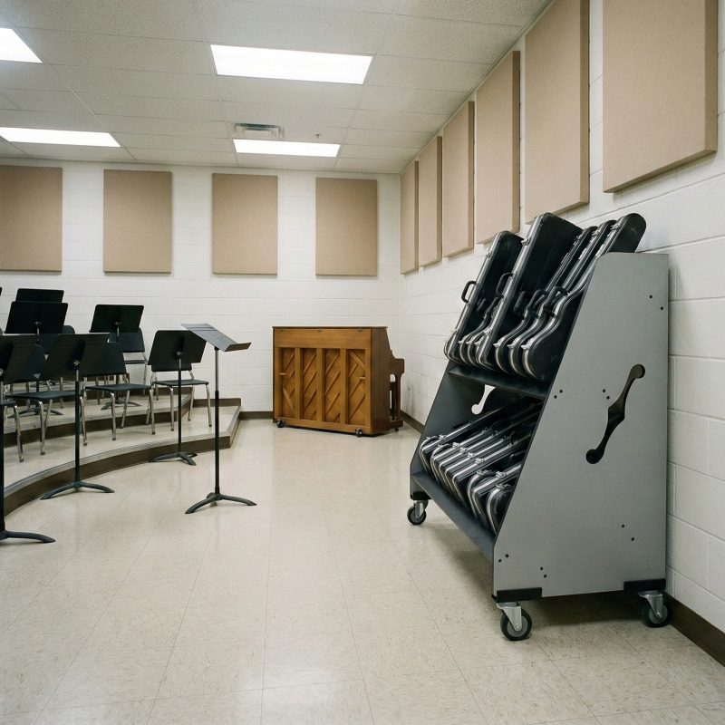 Cart holding violin cases, placed against the wall, in a music classroom with a piano and risers