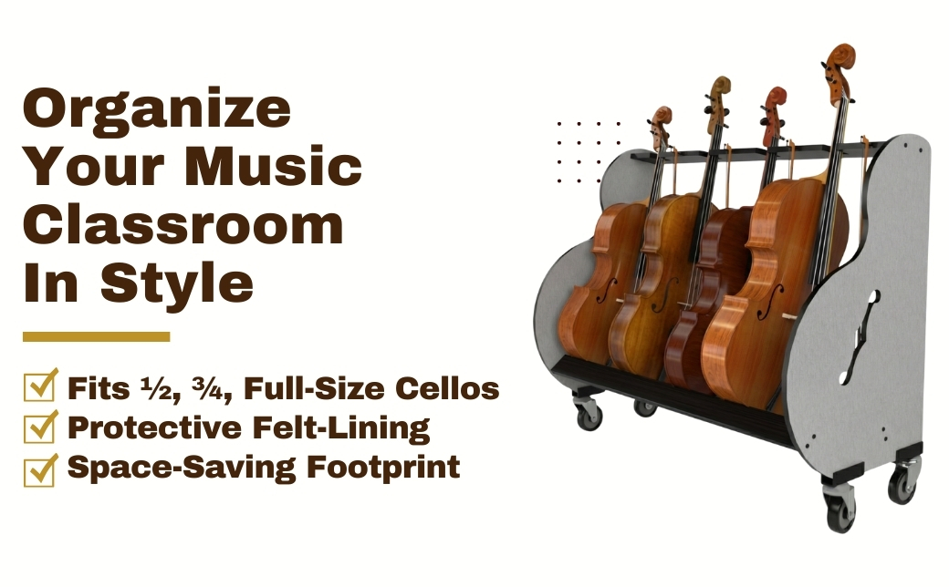 Features list next to a grey cello rack with wheels