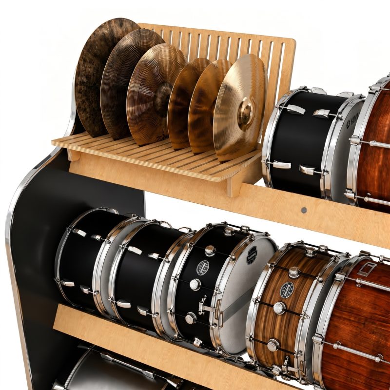 closeup of cymbals and drums on shelves