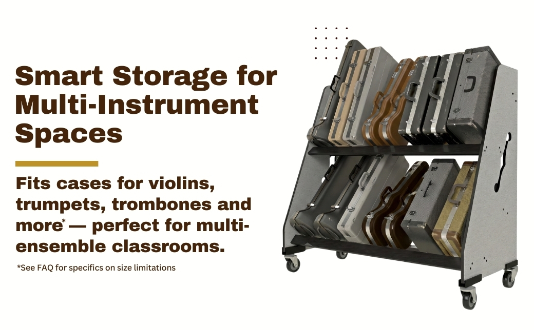 rack holding cases for violins, trumpets and trombones