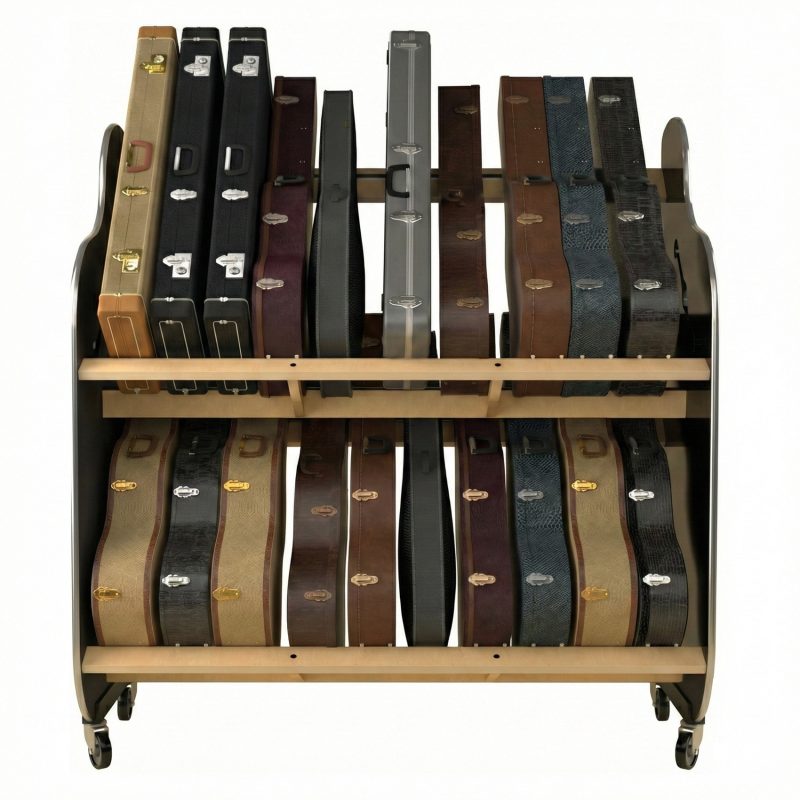 front-facing view of two-tiered shelf, with black sides and wheels, holding guitar cases