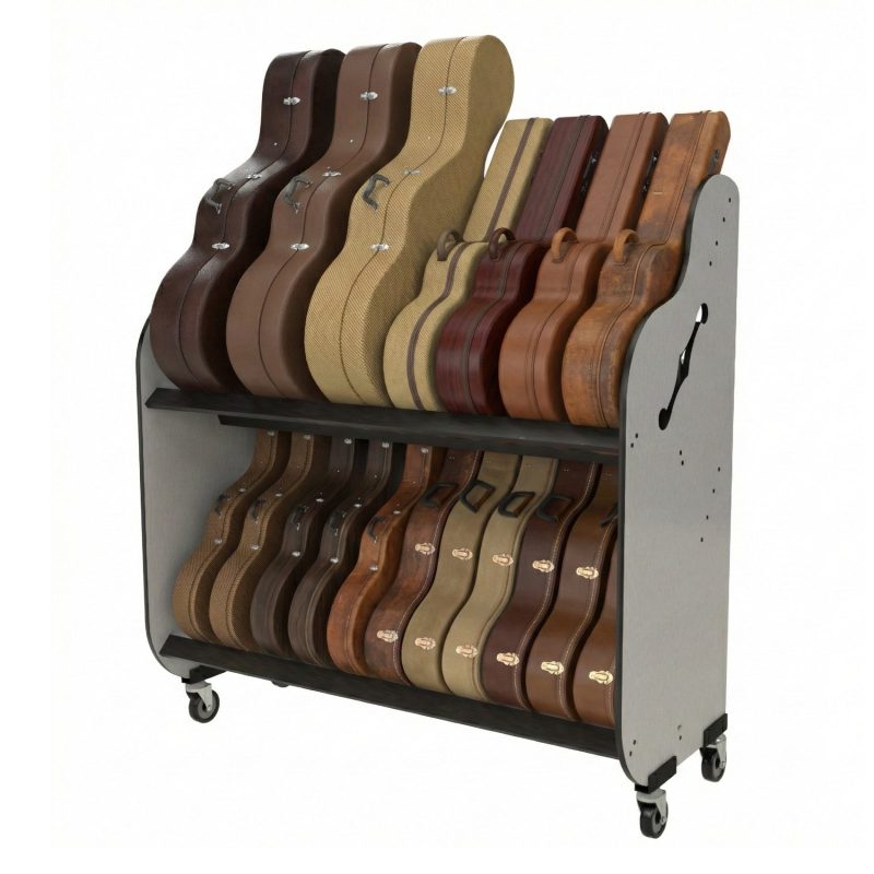 Cases for vihuelas, guitarrons and bajo quintos in a two-tiered shelf rack