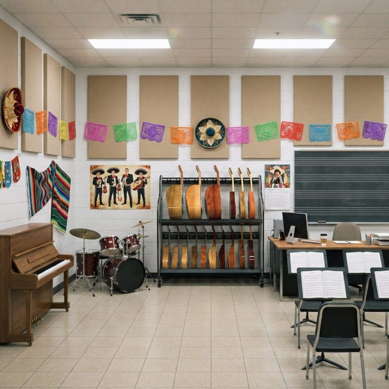 Mariachi music classroom with decorations, instruments and student chairs