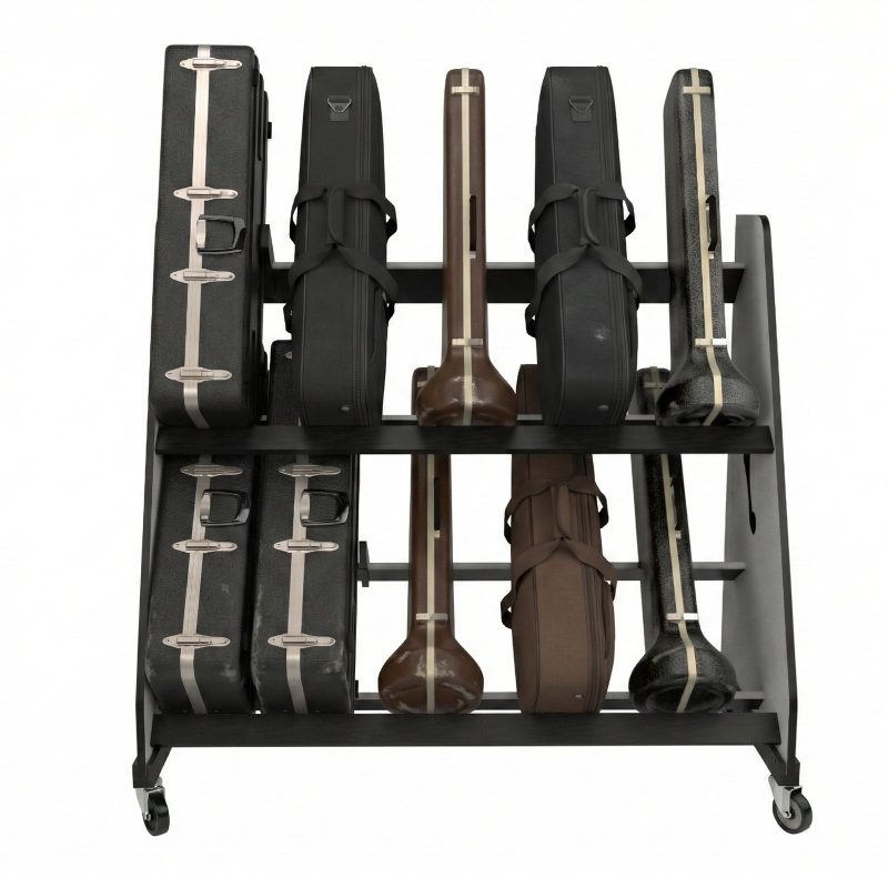 Straight on view of a rack holding 10 trombone cases