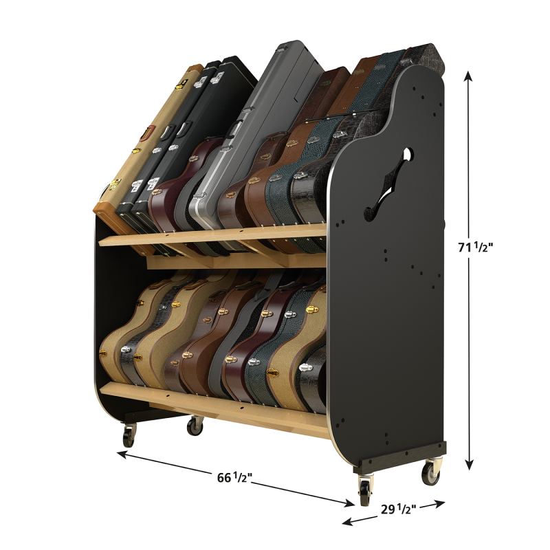 angled view, with measurement indicators, of two-tiered shelf, with black sides and wheels, holding guitar cases