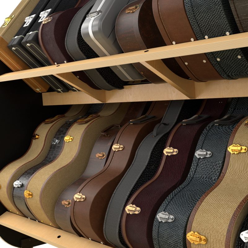 closeup of wood rails holding guitar cases