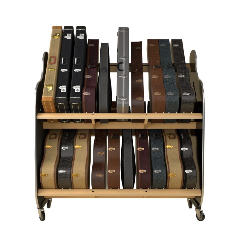 front-facing view of two-tiered shelf, with black sides and wheels, holding guitar cases