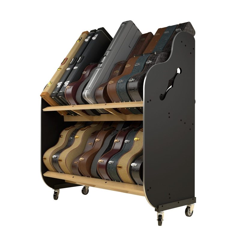 angled view of two tiered shelf, with black sides and wheels, holding guitar cases