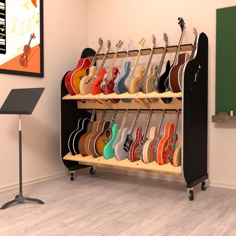 two-tiered shelf, holding electric guitars, in the corner of a classroom