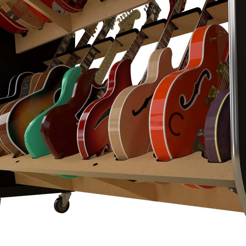 closeup of electric guitars resting in a wheeled rack