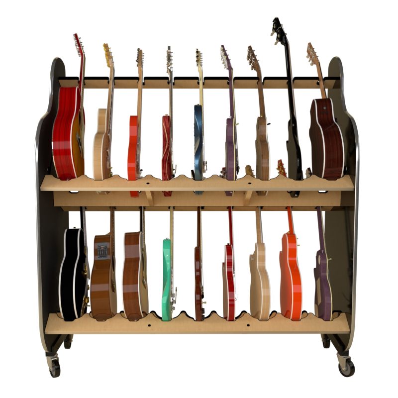 front view of 18 guitars in a two tiered rack