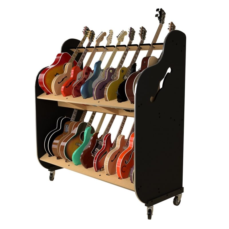 front view of 18 guitars in a two-tiered rack