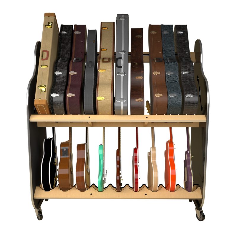 front view of wooden rack, on wheels, holding guitar cases and instruments