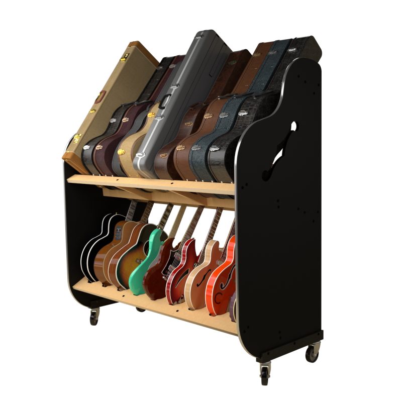 side view of wooden rack, on wheels, holding guitar cases and instruments