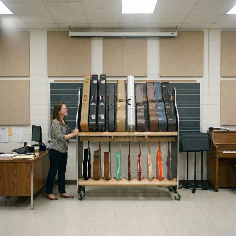 Female teacher pushing a double-decker guitar cart, with instruments and cases, in front of her blackboard and next to a piano and desk