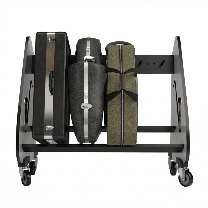 3 saxophone cases resting in a cart with wheels