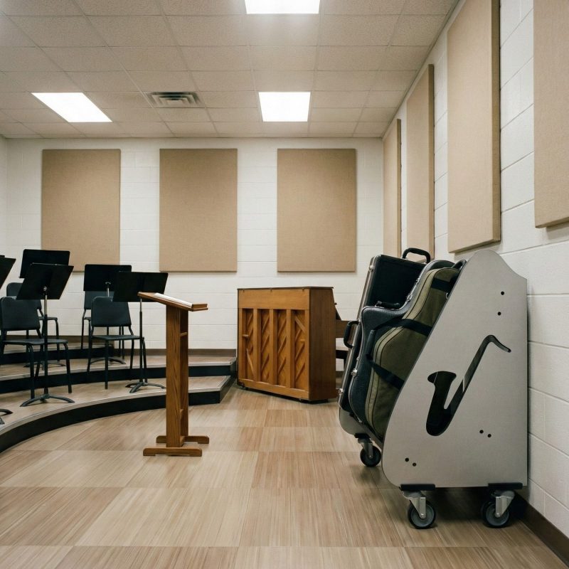 Sax case rack against the wall in a band room with risers and piano