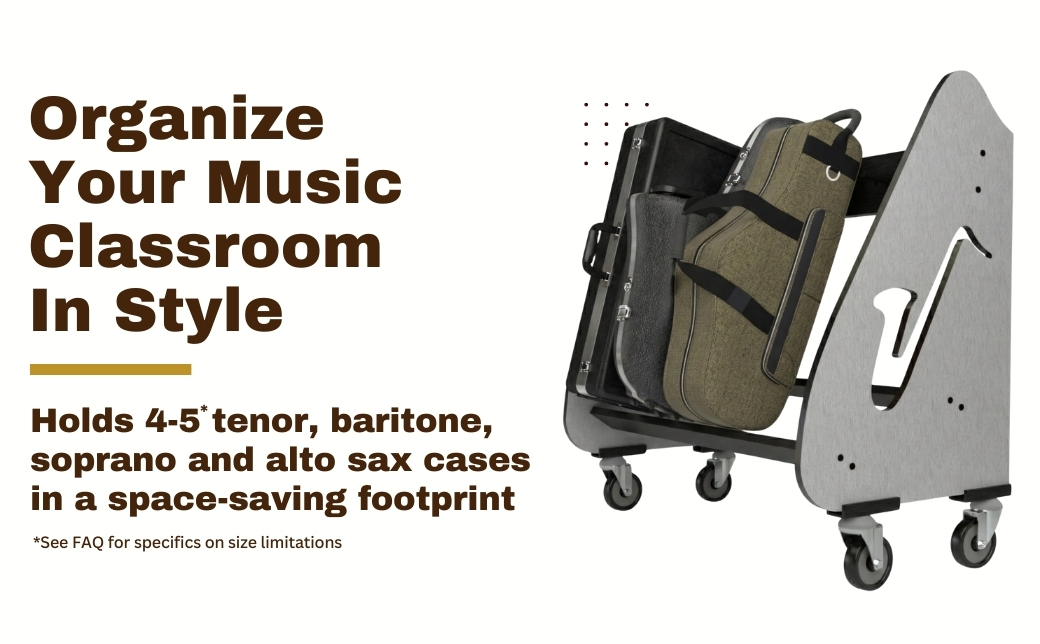 features list next to saxophone rack