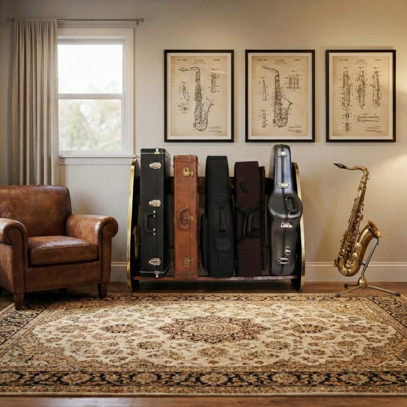Rack holding saxophone cases, against the far wall, in a living room between a leather chair and sax on a stand