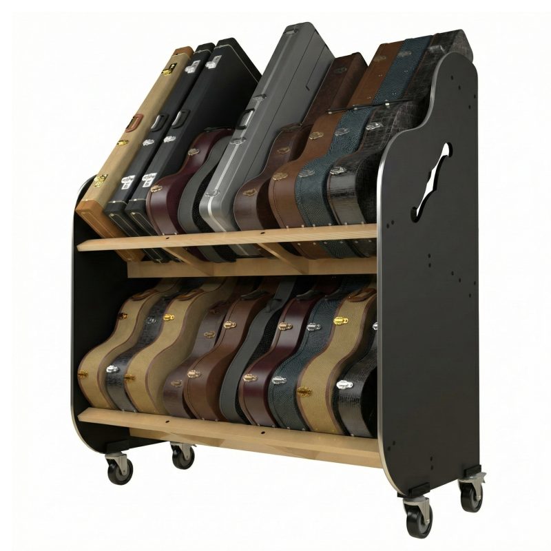 angled view of two tiered shelf, with black sides and wheels, holding guitar cases