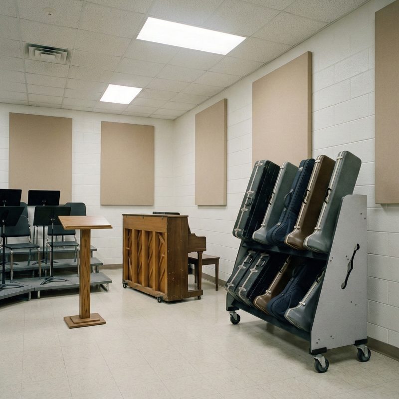 shelves holding trombone cases, in a music classroom, next to a piano, lectern and risers