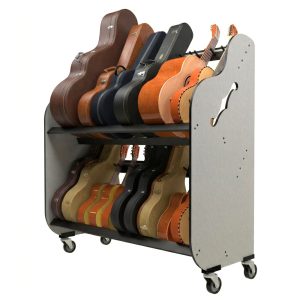 Angled view of stringed mariachi instruments and cases in on shelves