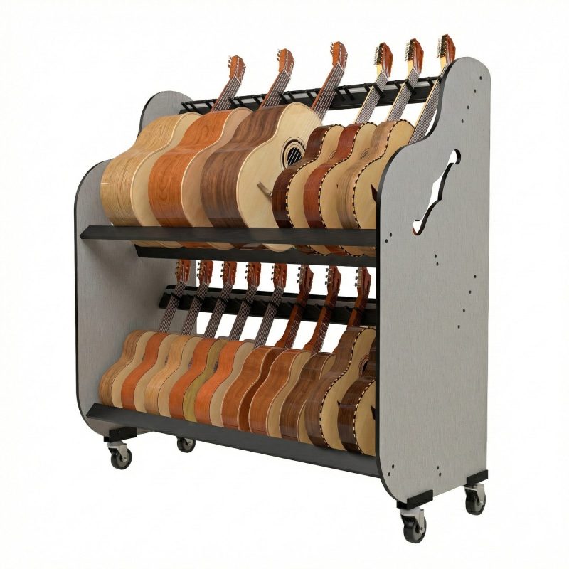 angled view of guitarrons, requintos, vihuelas and bajo quintos in a storage rack