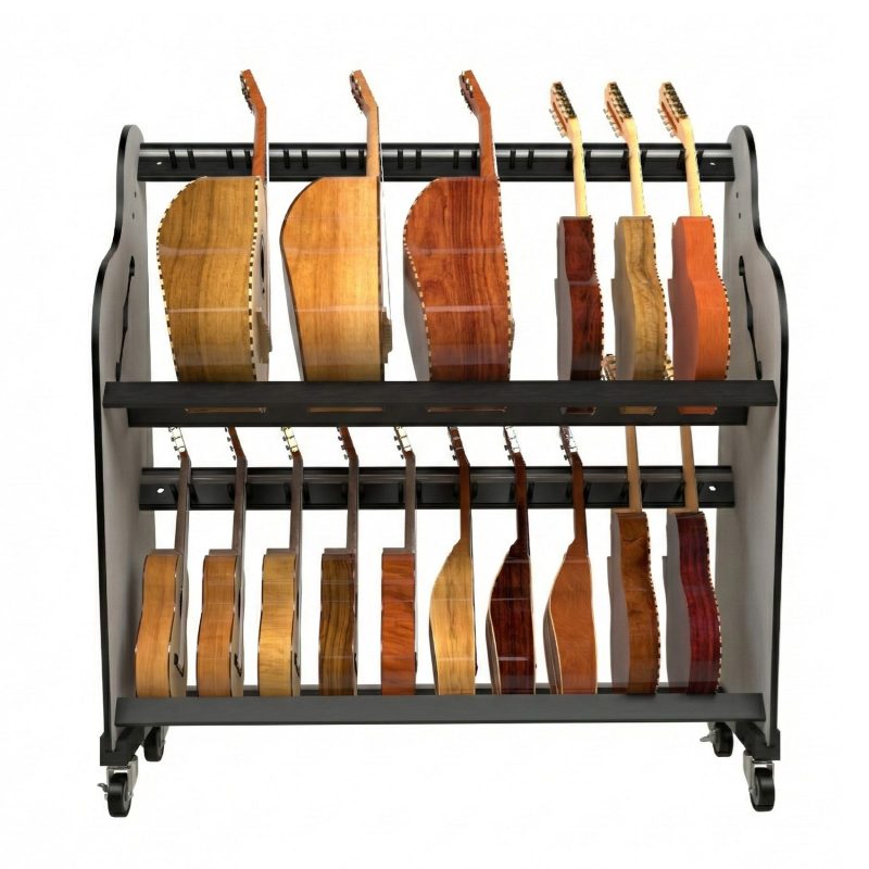 side view of of guitarrons, requintos, vihuelas and bajo quintos in a storage rack