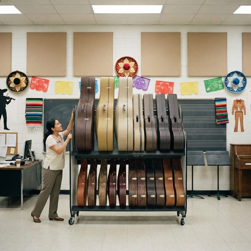 Teacher pushing a cart with mariachi instruments across the classroom floor