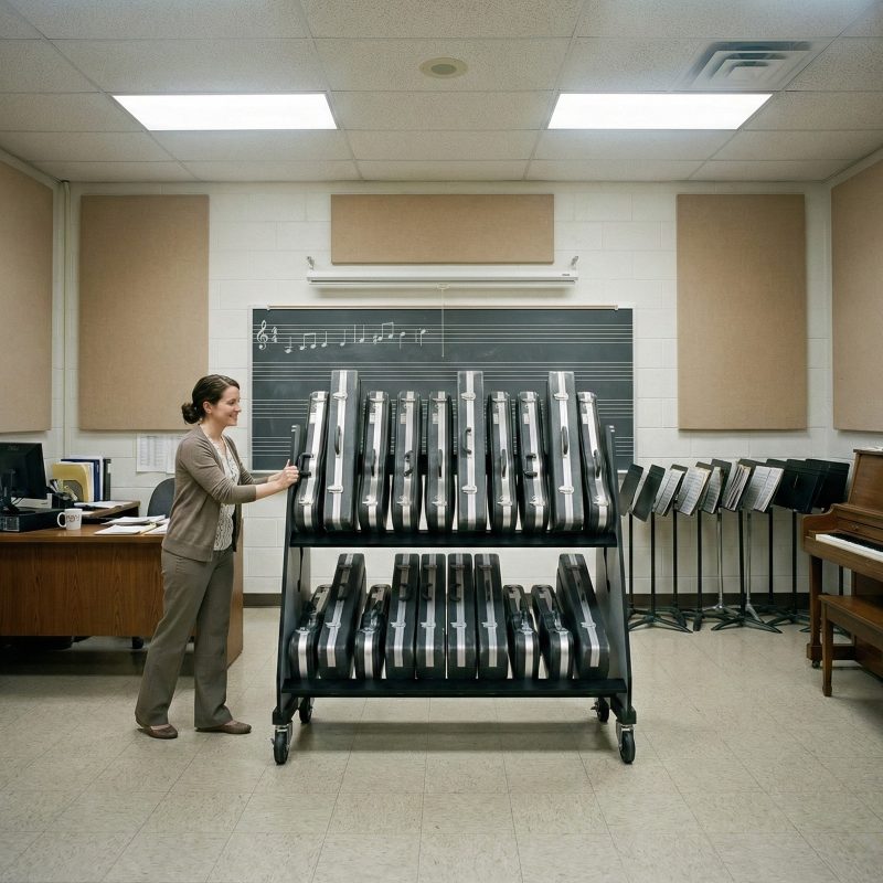 Female teacher pushing a cart, filled with violin cases, across the floor of her classroom