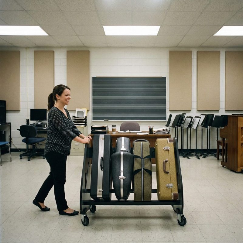 Teacher pushing saxophone cart in a classroom