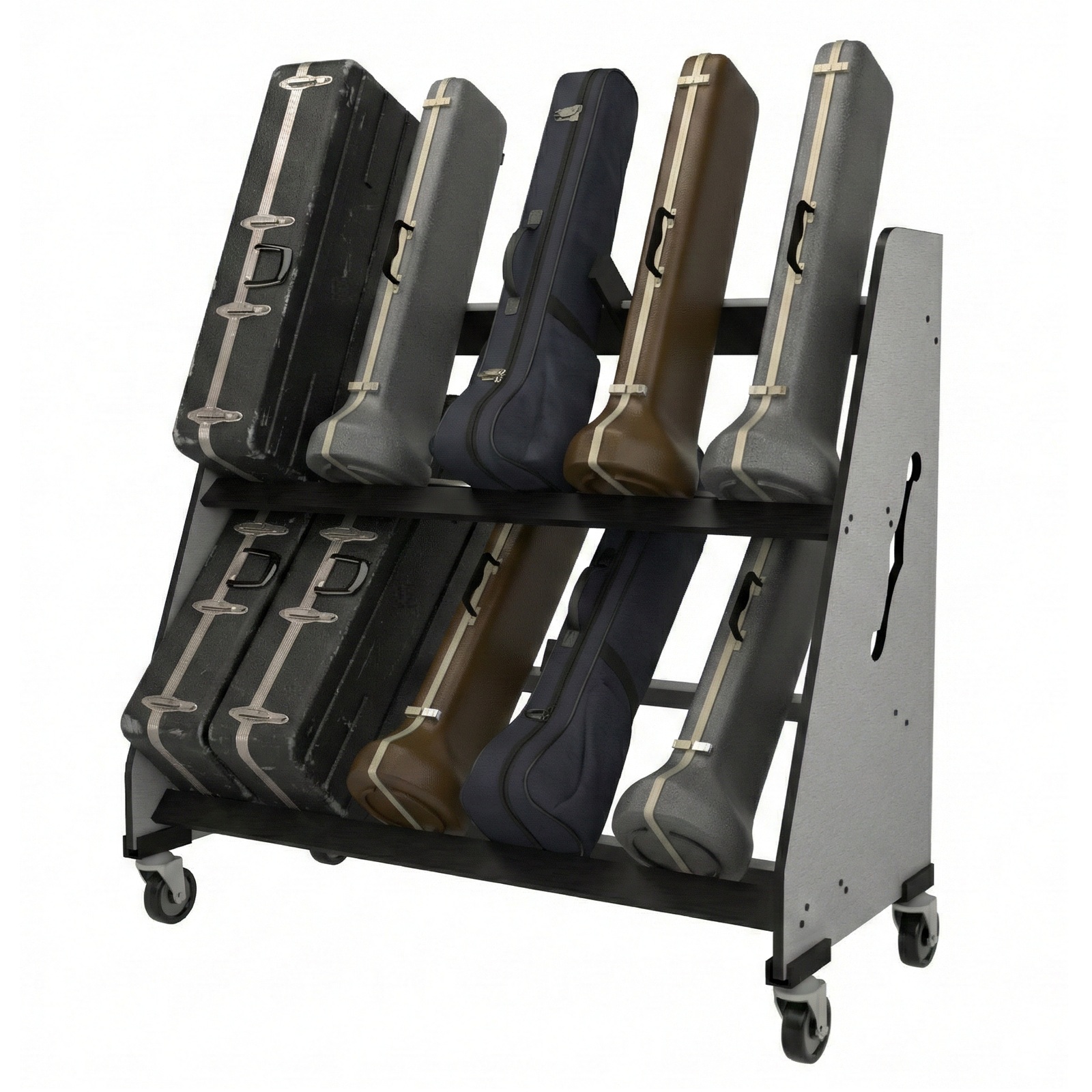 10 trombone cases in a two-tiered cart