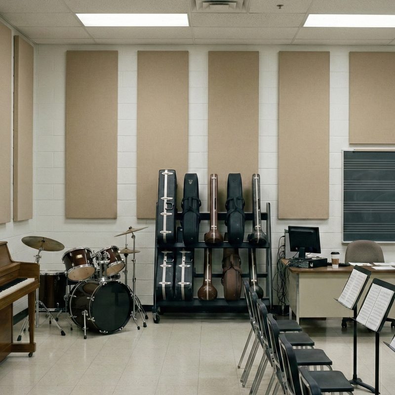 Trombone shelves next to a drum set and chalkboard in a classroom setting