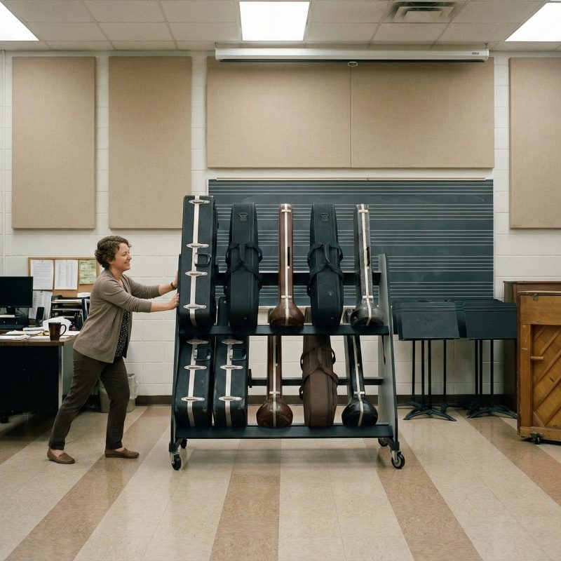 teacher pushing a cart filled with trombone cases