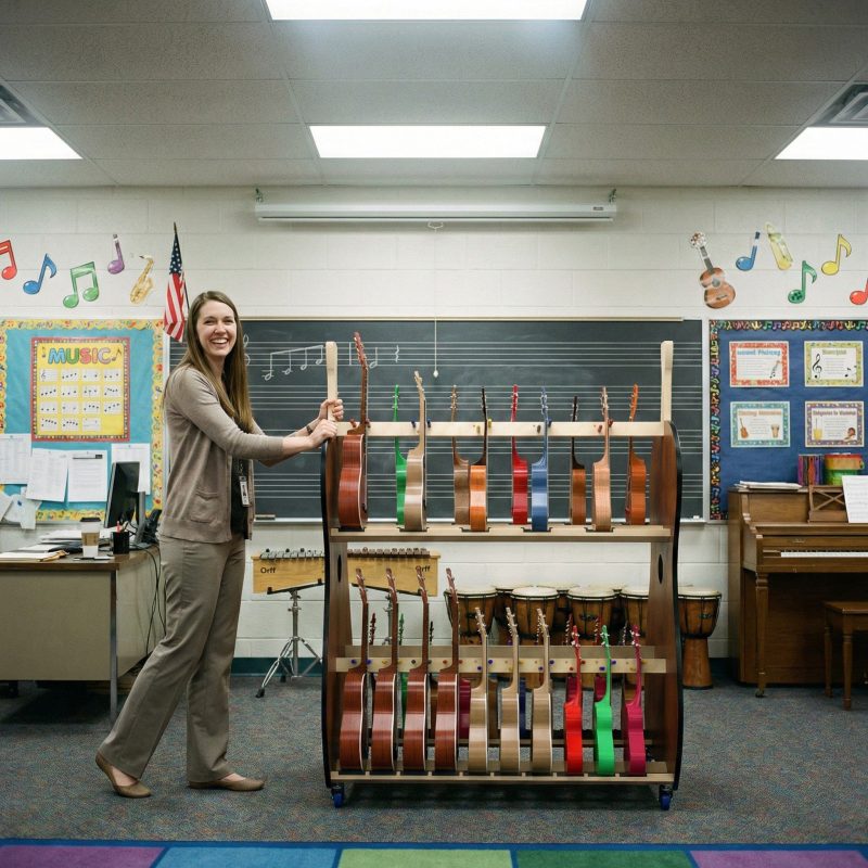ukulele cart pushed by teacher in her classroom