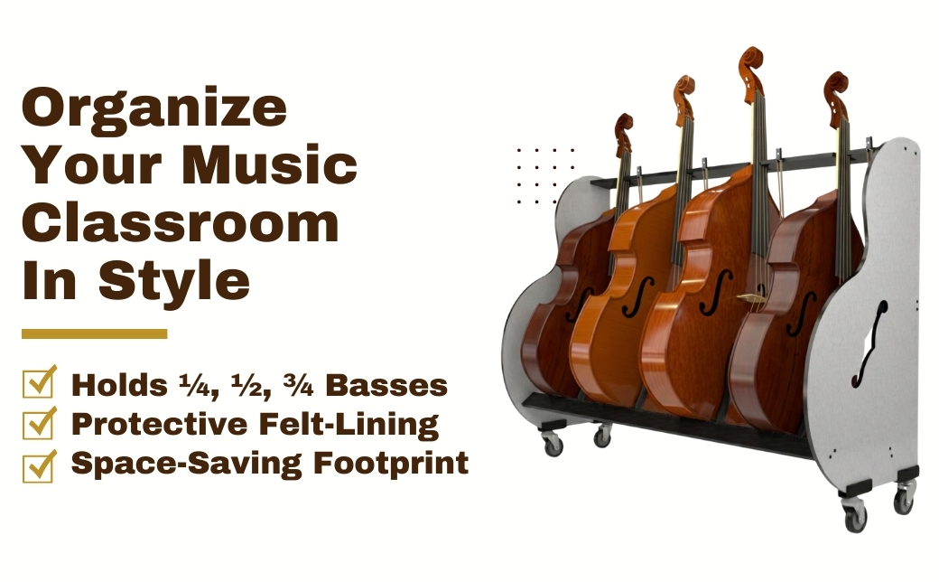 features list next to a double-bass rack