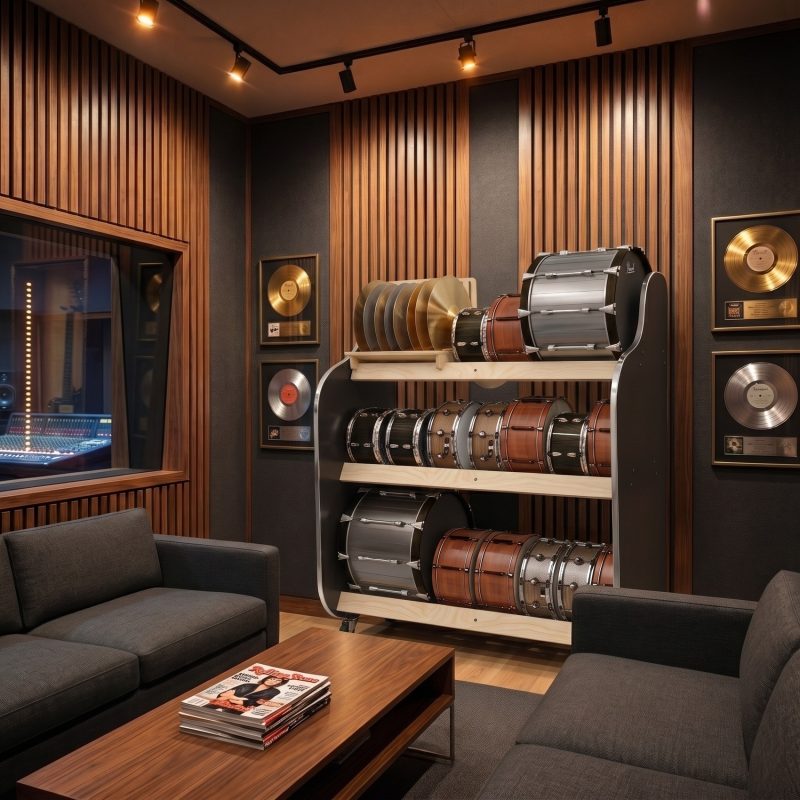 drum rack in recording studio lobby