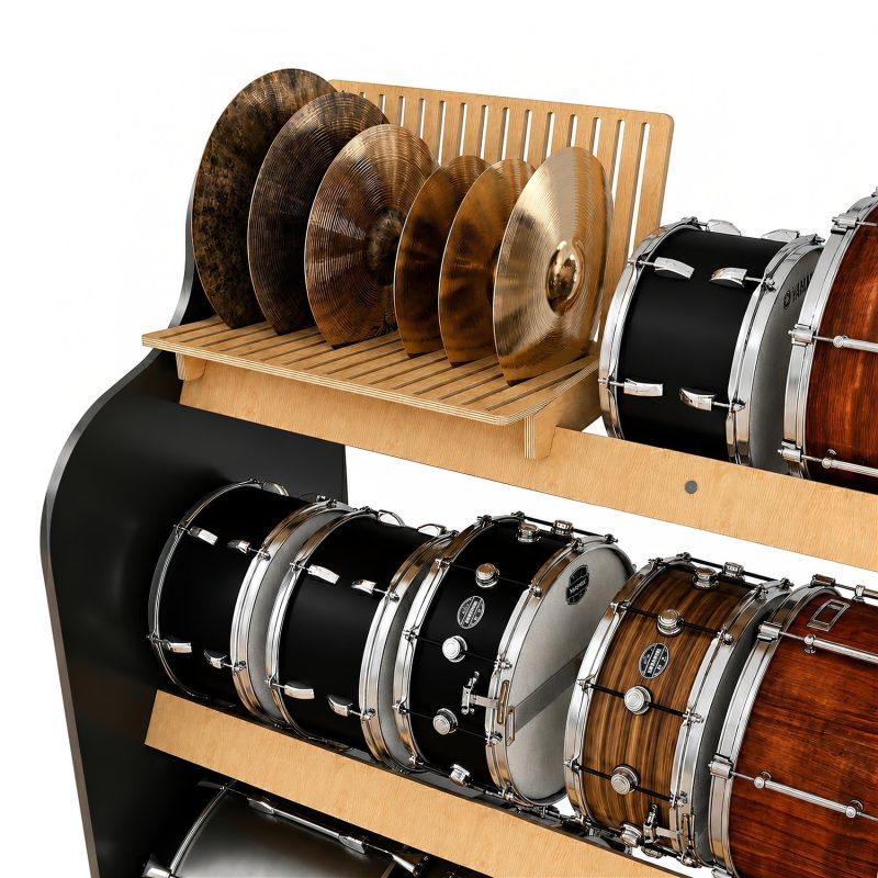 closeup of cymbals and drums on shelves