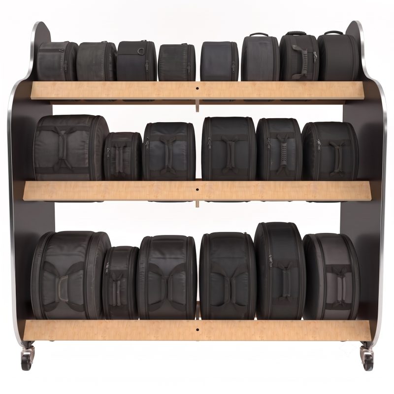 drum gig bags lined up in a 3 tiered rack on wheels